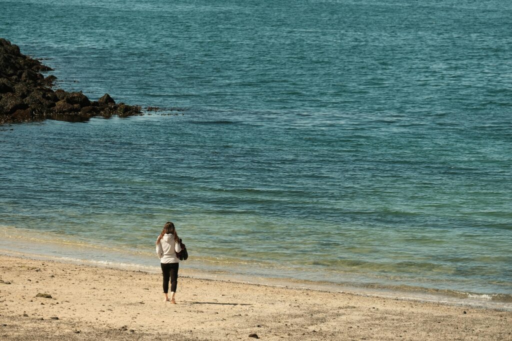 A lone person walking on a tranquil beach shore in Reykjavík, Iceland, under a clear blue sky.